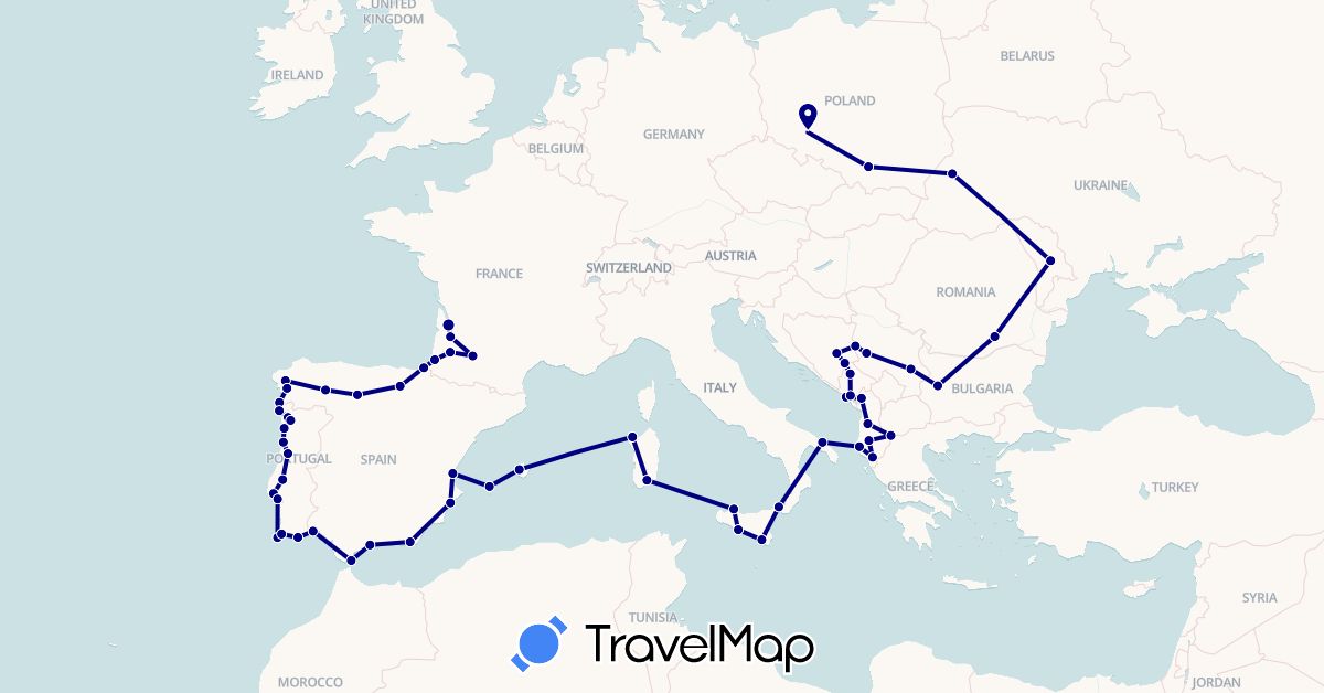 TravelMap itinerary: driving in Albania, Bosnia and Herzegovina, Bulgaria, Spain, France, Gibraltar, Italy, Moldova, Montenegro, Macedonia, Poland, Portugal, Romania, Serbia, Ukraine (Europe)
